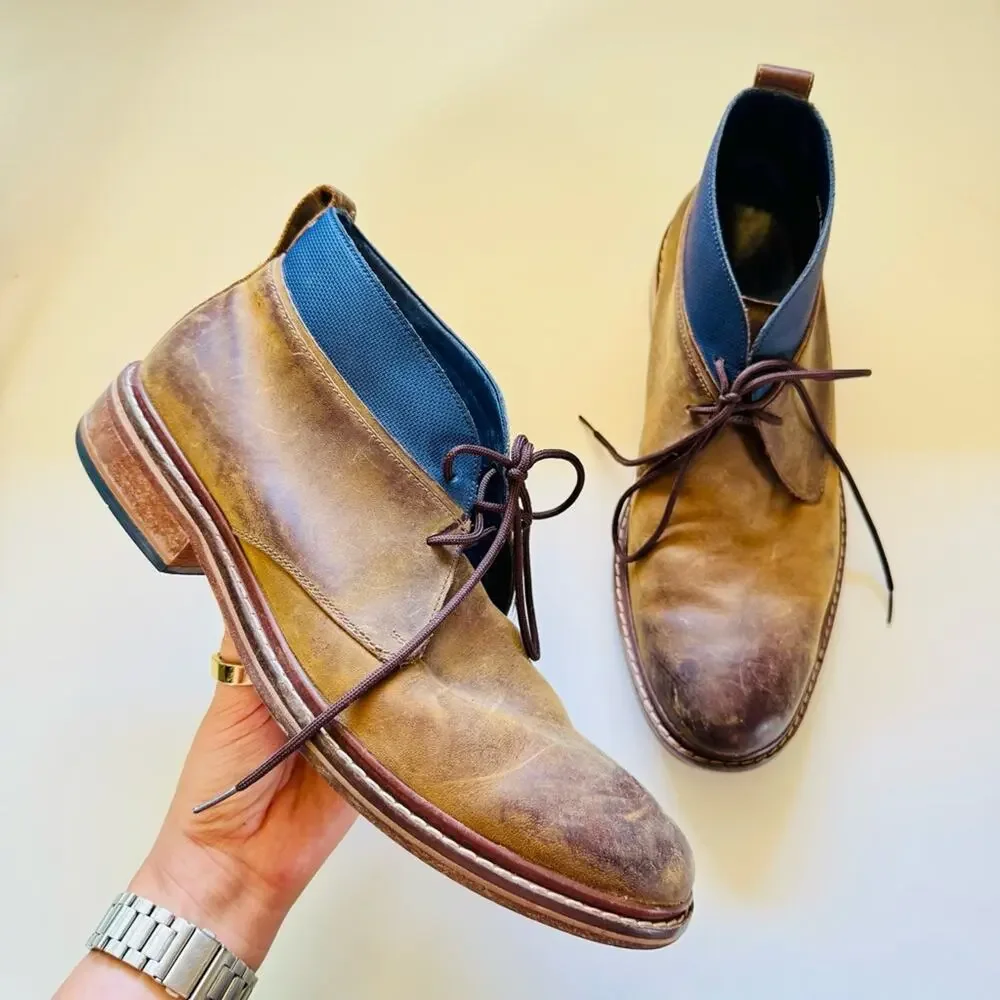 MENS COLE HAAN Cognac Brown Leather Chukka Blue Ankle Boots Lace Up Shoes 8.5